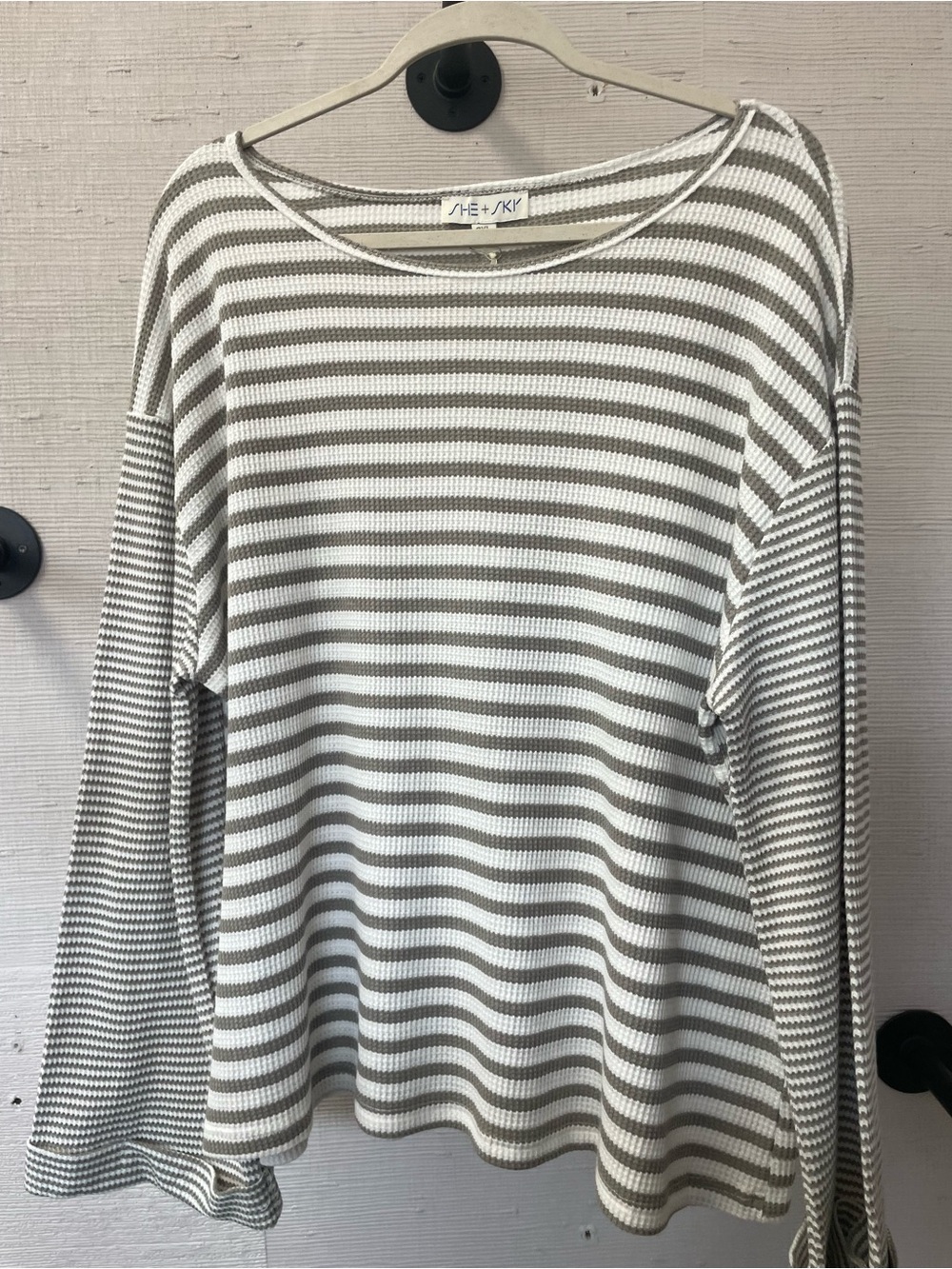 She + Sky Gray and White Striped Lightweight Knit Pullover
